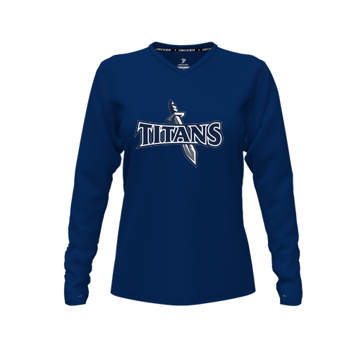 [FTLVCFNV-FYXS-LOGO1] Decker Comfort T-Shirt (Female Youth XS, Navy, V Neck, Logo 1, Long Sleeve)