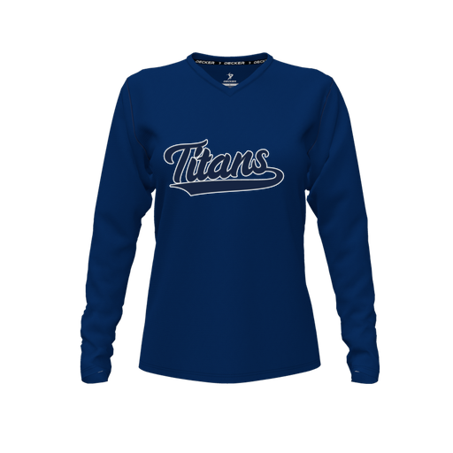 [CUS-DFW-TEES-CMF-VNK-LSL-NVY-FYXS-LOGO3] Decker Comfort T-Shirt (Female Youth XS, Navy, V Neck, Logo 3, Long Sleeve)