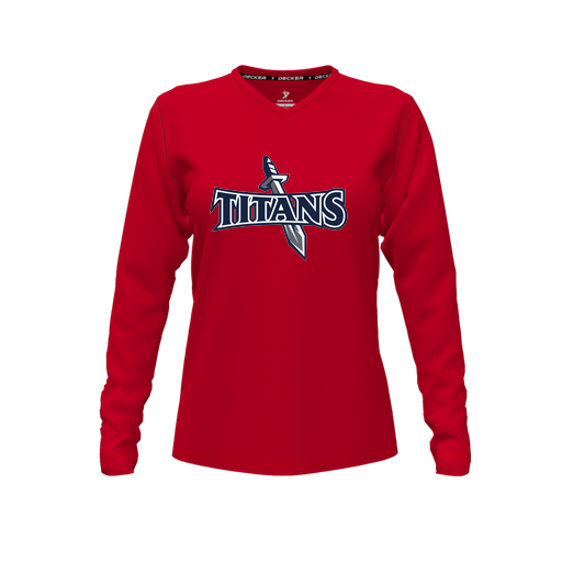 [CUS-DFW-TEES-CMF-VNK-LSL-RED-FYXS-LOGO1] Comfort T-Shirt (Female Youth XS, Red, V Neck, Logo 1, Long Sleeve)