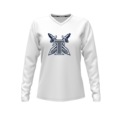 [CUS-DFW-TEES-PER-VNK-LSL-WHT-FYXS-LOGO2] Decker Performance T-Shirt (Female Youth XS, White, V Neck, Logo 2, Long Sleeve)