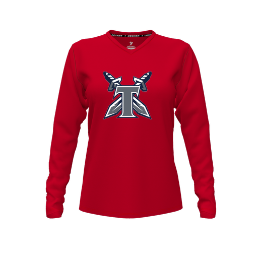 [CUS-DFW-TEES-PER-VNK-LSL-RED-FYXS-LOGO2] Decker Performance T-Shirt (Female Youth XS, Red, V Neck, Logo 2, Long Sleeve)