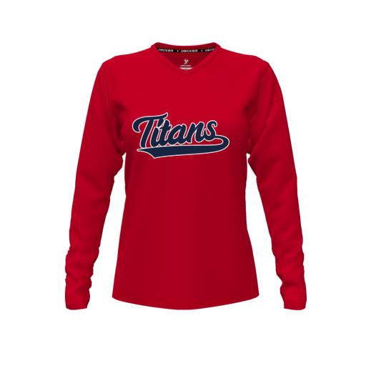 [CUS-DFW-TEES-PER-VNK-LSL-RED-FYXS-LOGO3] Decker Performance T-Shirt (Female Youth XS, Red, V Neck, Logo 3, Long Sleeve)