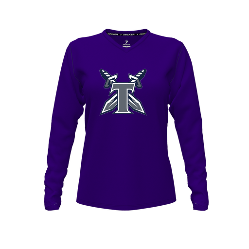 [CUS-DFW-TEES-PER-VNK-LSL-PUR-FYXS-LOGO2] Performance T-Shirt (Female Youth XS, Purple, V Neck, Logo 2, Long Sleeve)